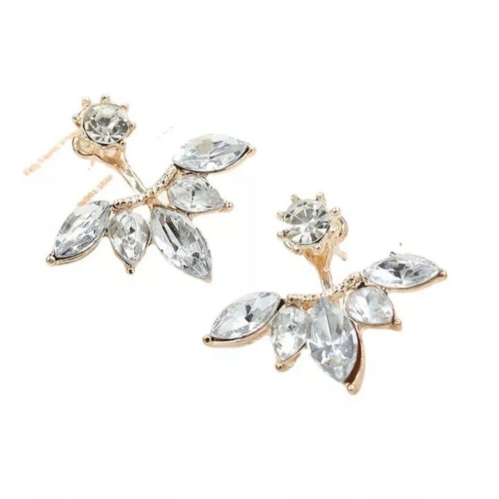 NEW Crystal Flower Stud Earrings Gold Tone Leaf Flower Formal Wedding Prom